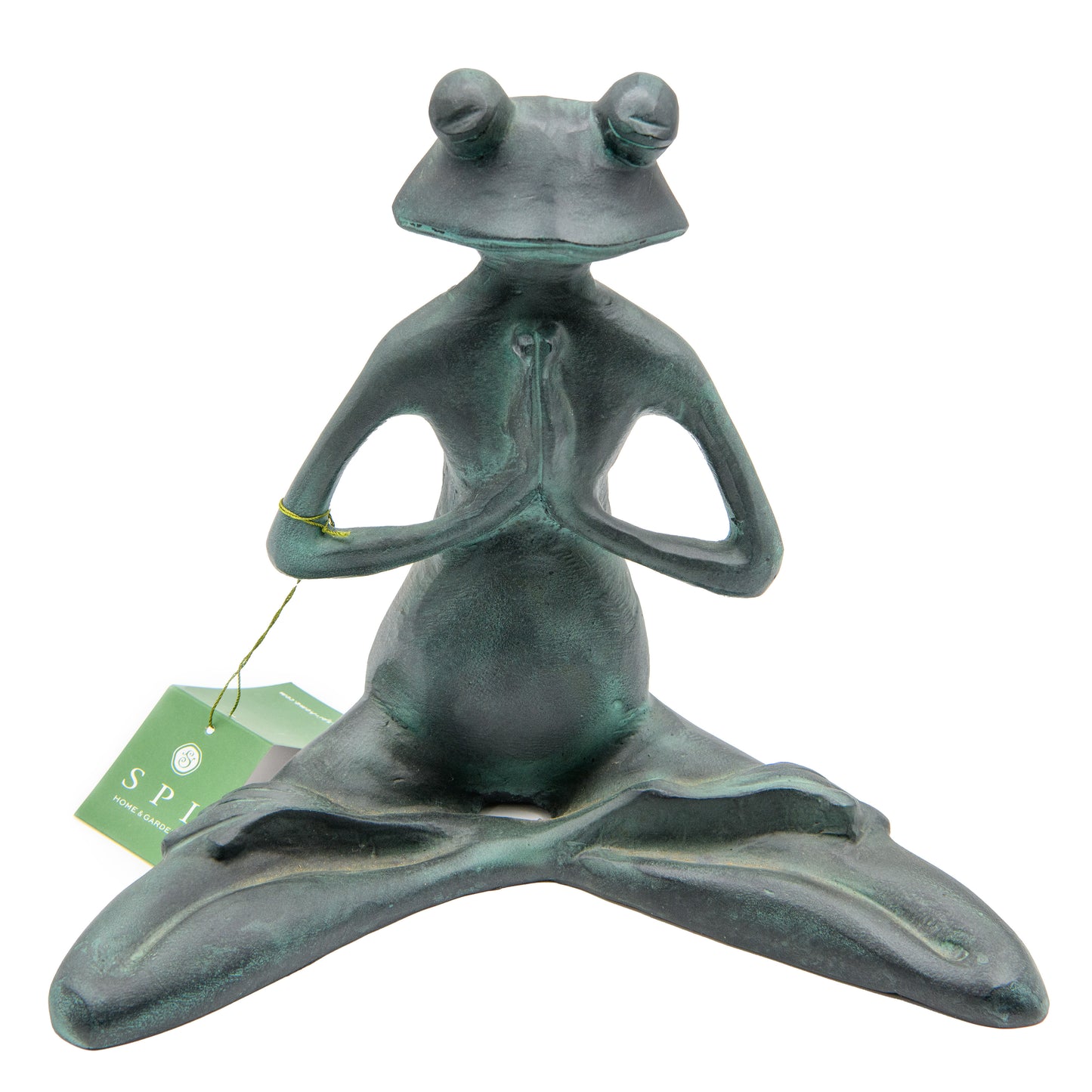 a statue of a green frog sitting lotus position with hand together