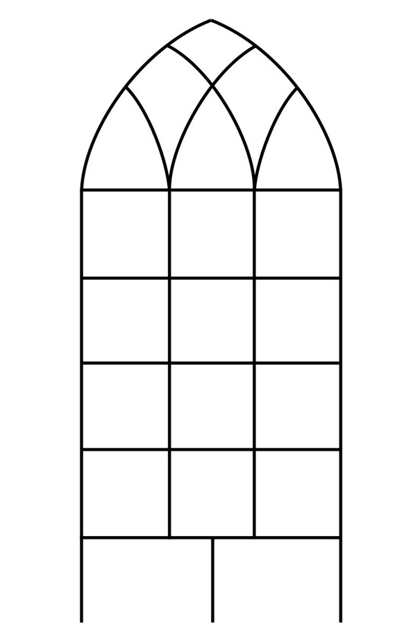 A black and white line drawing of a gothic trellis, which is a type of arched doorway or window frame.