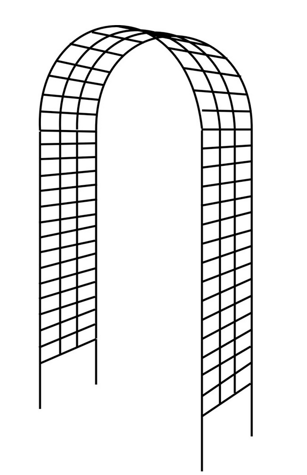 A black steel arbor with a grid pattern design, viewed from the front.