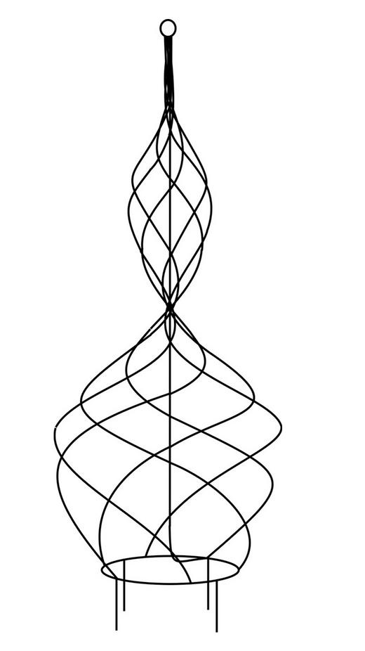 A black metal spiral garden trellis.