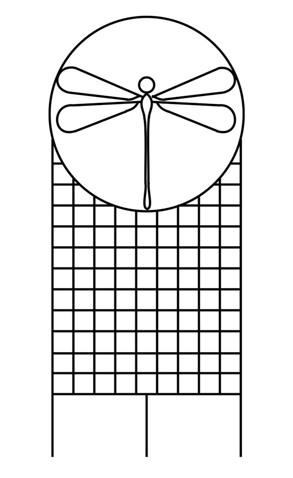 A line drawing of a steel trellis with a dragonfly design at the top.