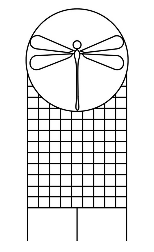 A line drawing of a steel trellis with a dragonfly design at the top.