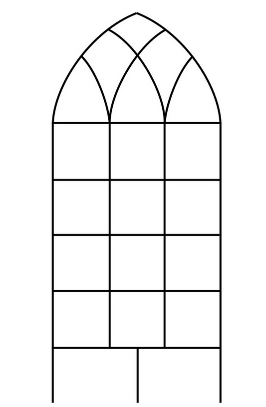 A black and white line drawing of a gothic trellis, which is a type of arched doorway or window frame.