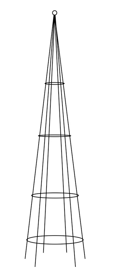 A tall black garden obelisk or trellis, made of solid steel, with a hexagonal base and trelliswork designed for climbing plants.