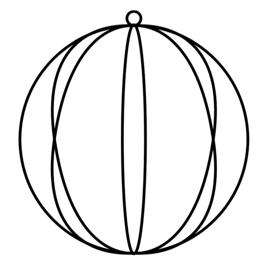 A line drawing of a spherical trellis design, likely made of metal, with a series of parallel grooves or panels.