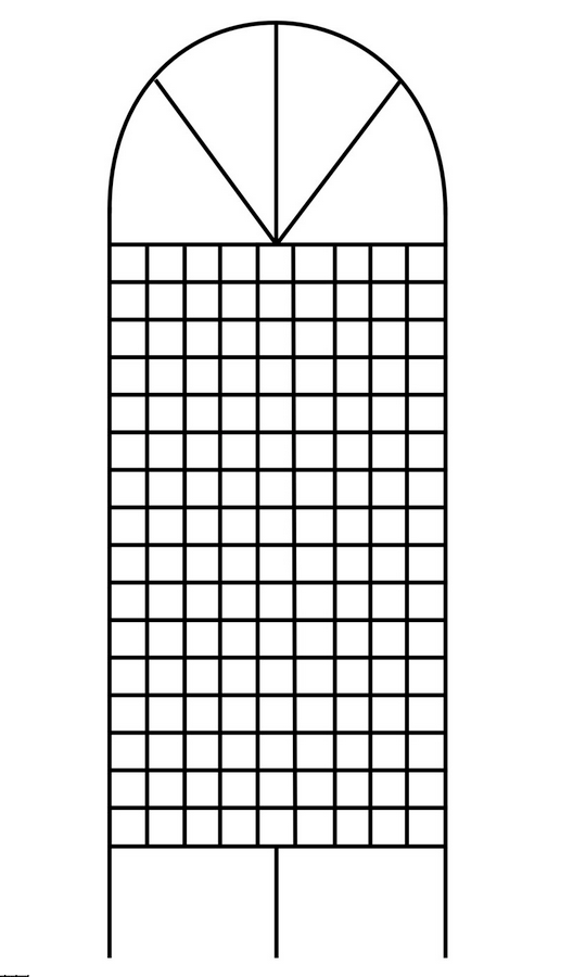 A black steel trellis with a geometric grid pattern.