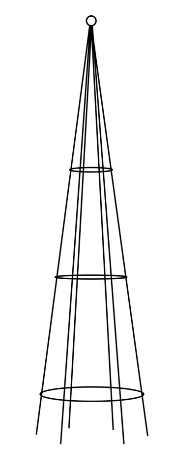 A black metal garden obelisk trellis, with a geometric pyramid shape, designed for supporting climbing plants.