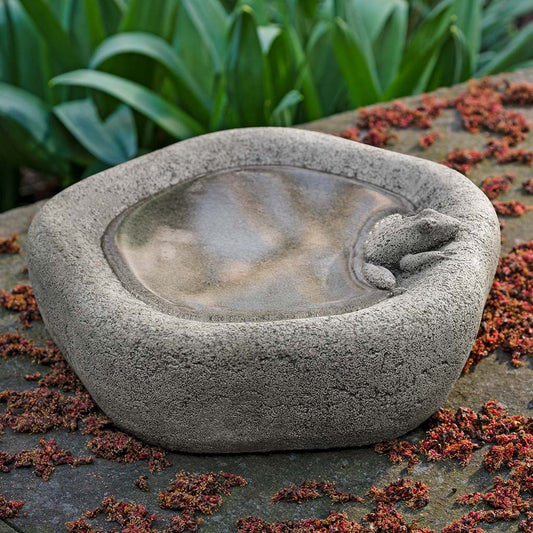 Stone bird bath with a frog design on a garden path