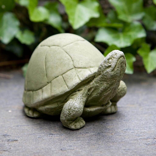 Stone turtle sculpture on a stone surface with greenery in the background